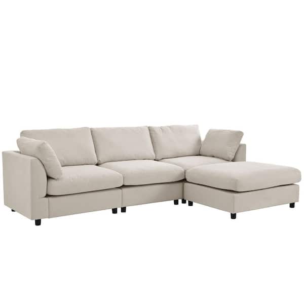Harper & Bright Designs 113 in. Sloped Arm Polyester Upholstery L Shaped Modern Sectional Sofa in Beige with Ottoman and Pillows