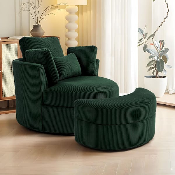 Uixe Green Corduroy Fabric Upholstered Swivel Accent Barrel Chair with Storage Ottoman and Pillows (Set of 1)
