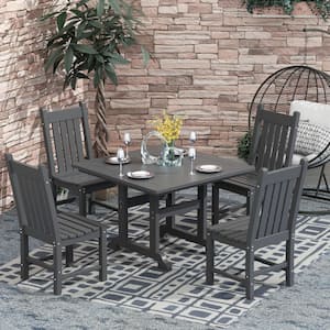 Hayes 5-Piece HDPE Plastic All Weather Outdoor Patio Square Trestle Table Dining Set with Side Chairs in Gray