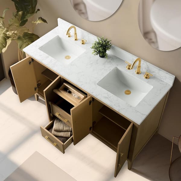 Vanity Art 60 in. W x 22 in. D x 34 in. H Double-Sink Bathroom Vanity in Natural Oak with Engineered Marble Top in Arabescato White
