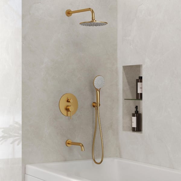 EVERSTEIN 1-Handle 3-Spray Wall Mount Round Tub and Shower Faucet with 10 in. Rain Shower Head in Brushed Gold (Valve Included)