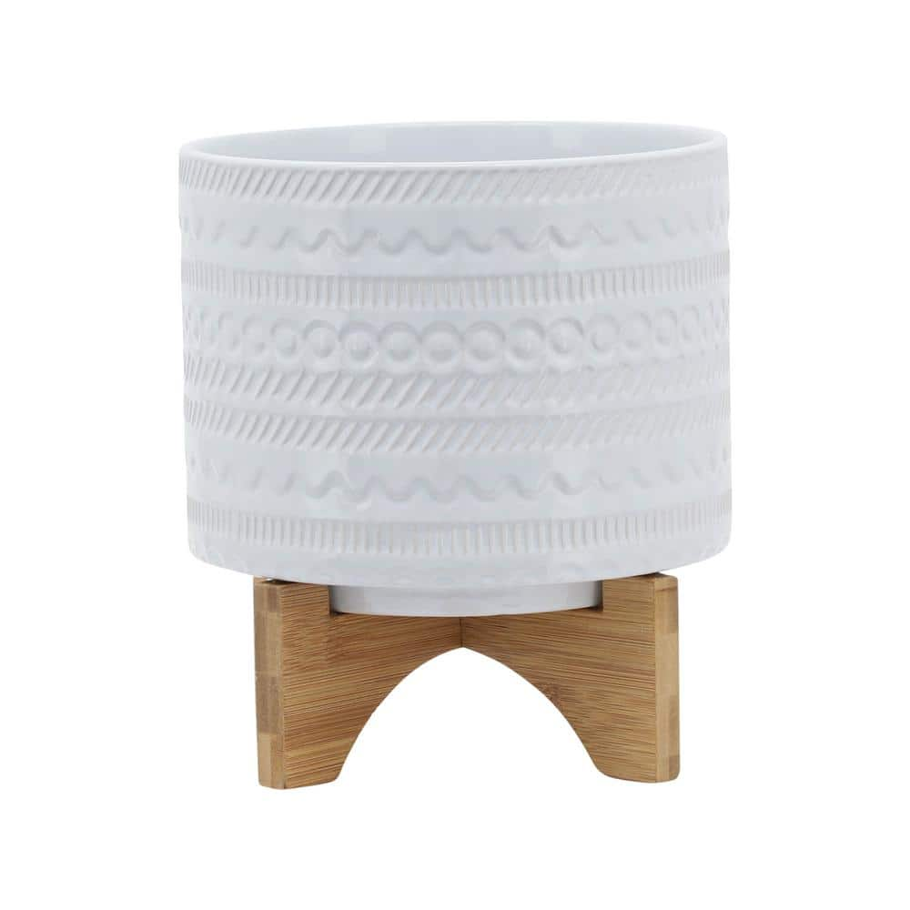 Flynama 8 in. White Ceramic Planter Stand Plant Pot with Wood Stand ...