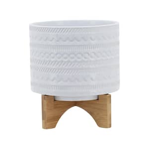 8 in. White Ceramic Planter Stand Plant Pot with Wood Stand Feet for Outdoor/Indoor Stand (1-Pack)