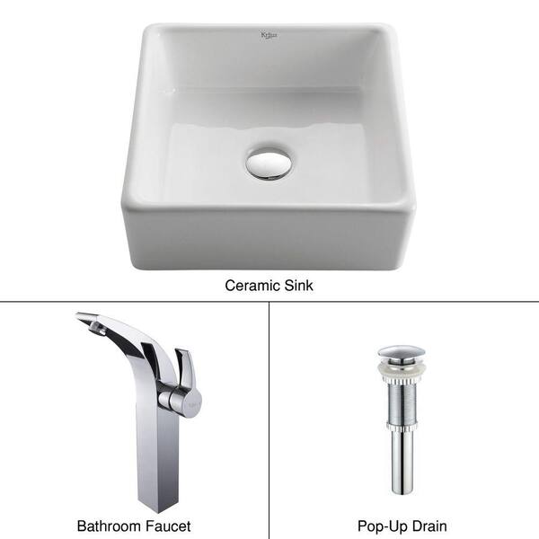 KRAUS Square Ceramic Vessel Sink in White with Illusio Faucet in Chrome