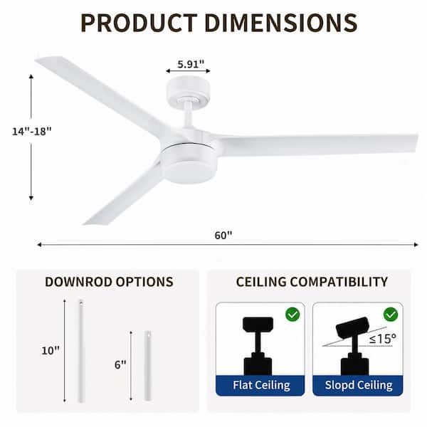 60 in. Smart Indoor/Outdoor White Ceiling Fans with LED Lights and Remote, Quiet DC Motor, Controlled by WIFI Alexa App
