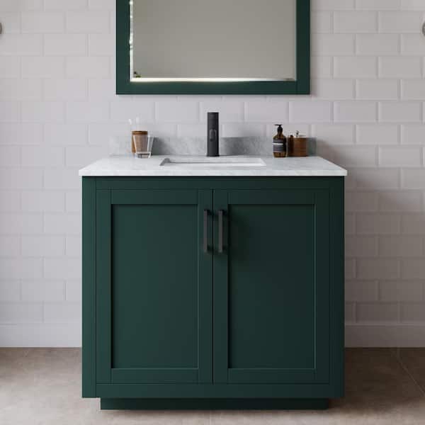 Wyndham Collection Miranda 36 in. W x 22 in. D x 33.75 in. H Single Bath Vanity in Green with White Carrara Marble Top