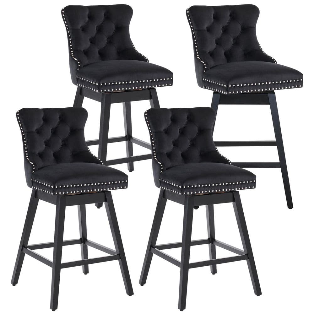 Black Velvet Upholstered Swivel Counter Height Stools with Wood Legs, Set of 4