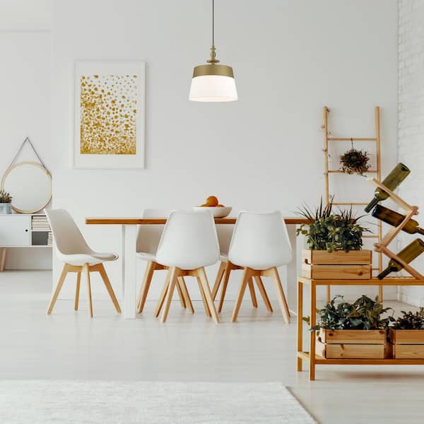 Ava 60-Watt 1-Light Brushed Gold Transitional Pendant Light with White Fabric Shade and No Bulbs Included