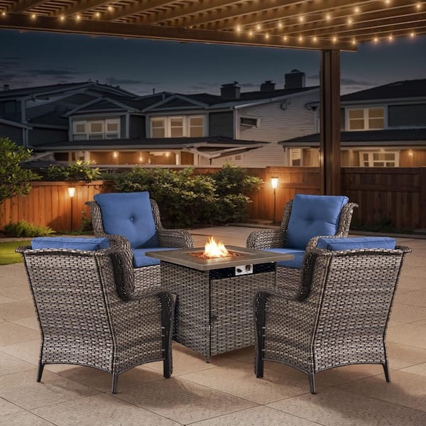 Gray 5-Piece Wicker Patio Fire Pit Set, Outdoor 4-Person Seating Set with Olefin Navy Blue Cushions and Armchairs