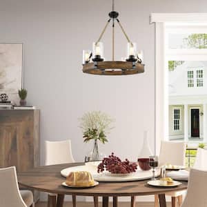 Farmhouse Chandelier 6-Light Black Wagon Wheel Wood Island Chandelier with Clear Seeded Glass Shade and Rope Accents