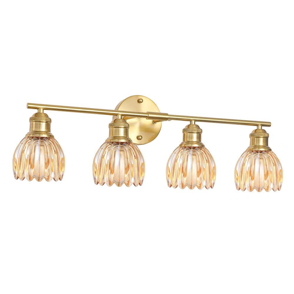 26 in. 4-Light Gold Vintage Bathroom Vanity Light Fixture Over Mirror with Amber Tulip Glass Shade, E26 Base price history on PriceWatchPro
