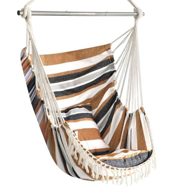 ITOPFOX 4 ft. Portable Bohemian Hanging Hammock Chair with Cushion and Steel Spreader Induded in Brown Stripe