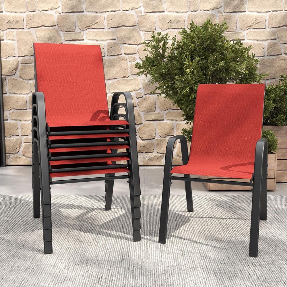 Powder Coated Black Rust Resistant Frame Wide Seat Ergonomic Lumbar Support Metal Outdoor Dining Chair in Red (Set of 4) price history on PriceWatchPro