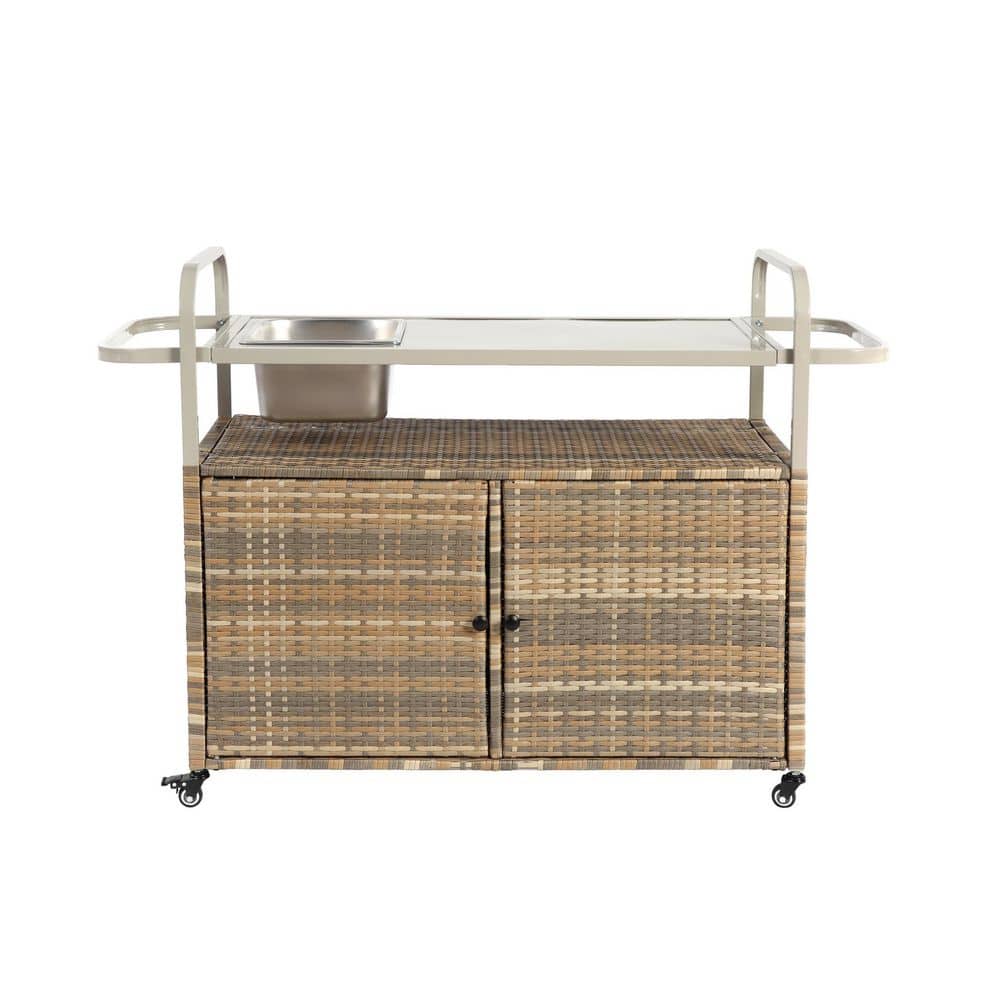 Otryad 51 in. Beige Metal Outdoor Bar Cart, Patio Serving