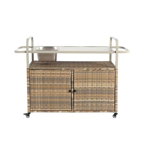 Otryad 51 in. Beige Metal Outdoor Bar Cart, Patio Serving Cart Bar Table with Wicker Cabinet, Wine Rack and Ice Bucket