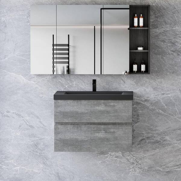 Zeus & Ruta 30 in. W Single Sink Floating Bath Vanity in Gray with Black Quartz Sand Top and Two Drawers, Pre-Assembled
