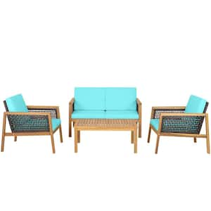 4-Pieces Patio Acacia Wood Furniture Set PE Rattan Conversation Set with Turquoise Cushions