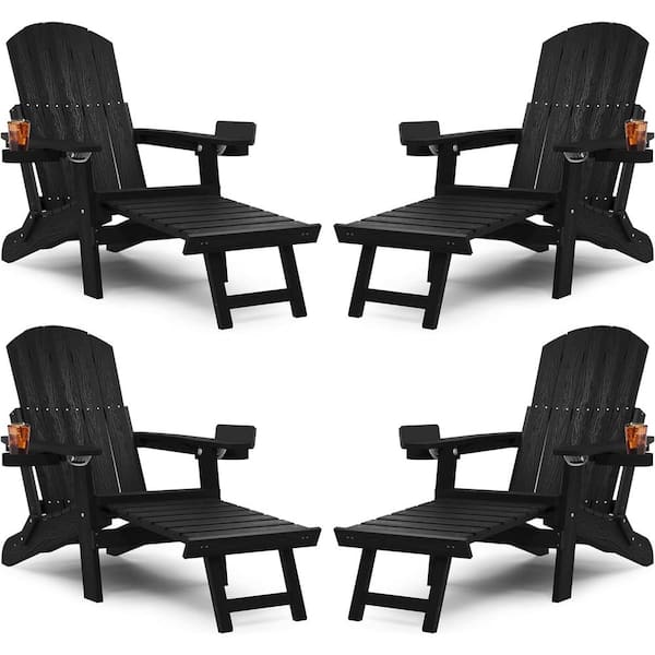 Mximu Black Outdoor Folding Adirondack Chair with Integrated Pullout Ottoman and Cup Holder (4-Pack)