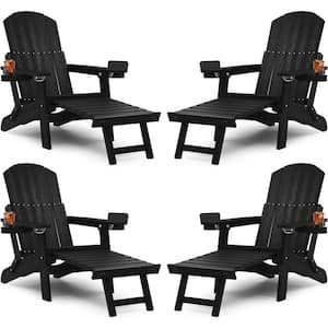 Black Outdoor Folding Adirondack Chair with Integrated Pullout Ottoman and Cup Holder (4-Pack)