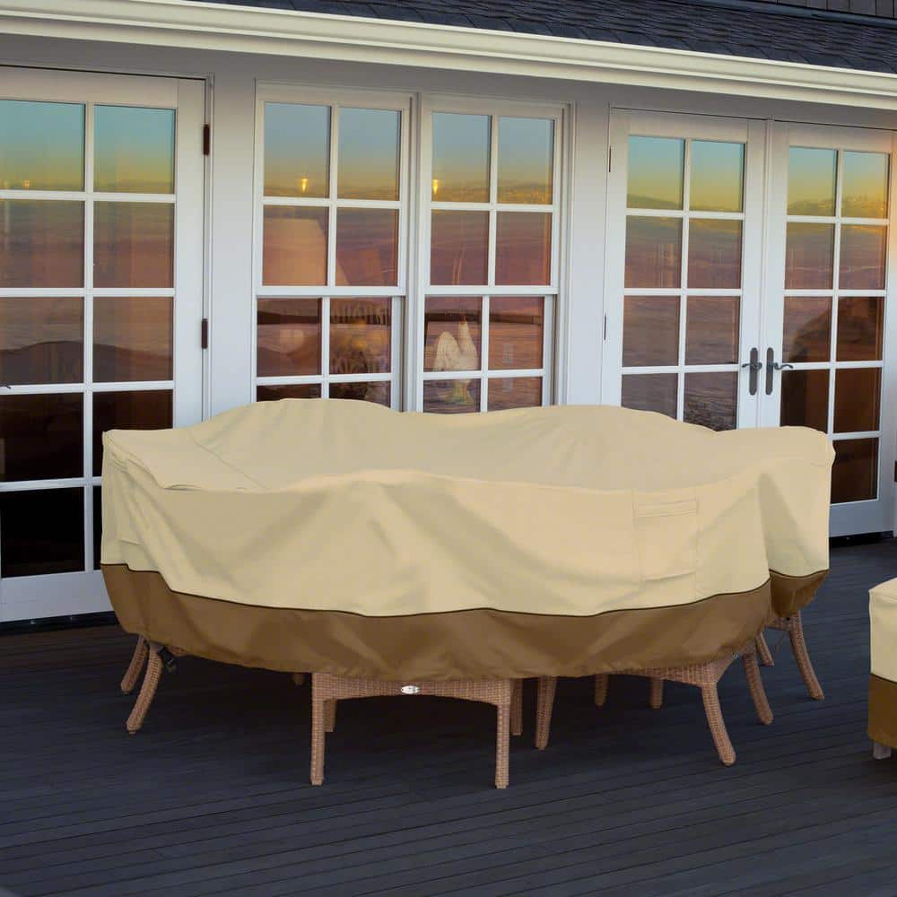 Small Tan and Brown Water-Resistant Patio Set Cover with Umbrella Hole