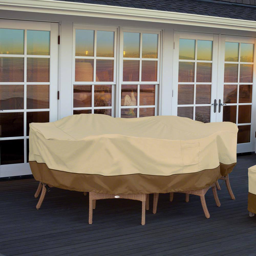 Tan and Brown Polyester Large Patio Table Cover with Handles
