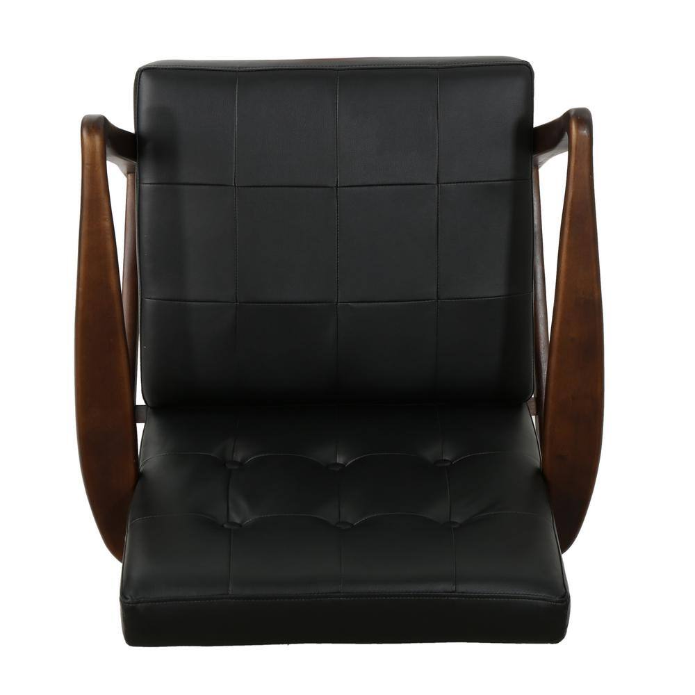Black Faux Leather and Birch Wood Mid Century Modern Accent Chair