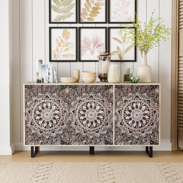 Furniture of America Prisca Water Lily Mandala Mango Wood 55 in. Buffet Server Cabinet 4 Shelves