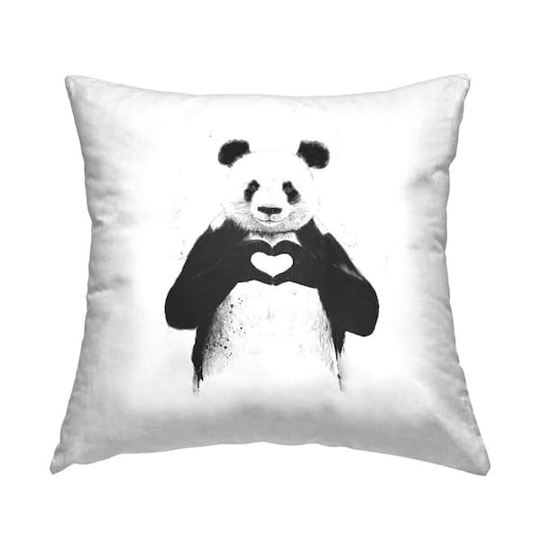 Panda & Heart Symbol Black Print Polyester 18 in. x 18 in. Throw Pillow