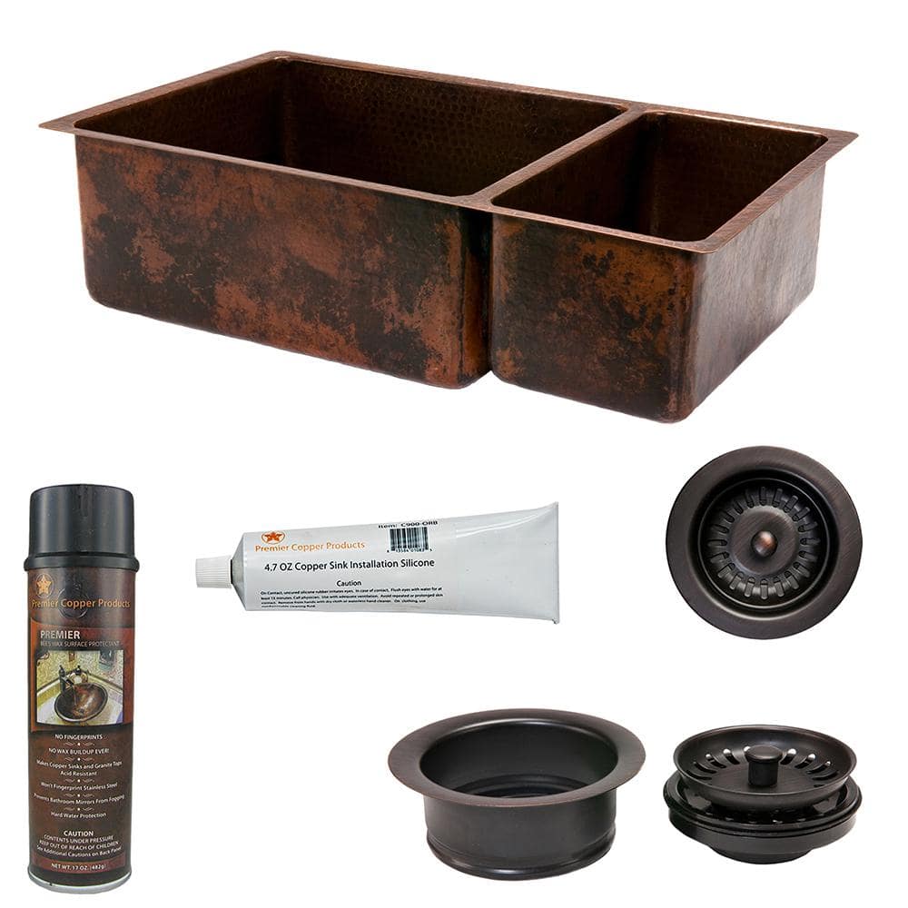 Premier Copper Products Undermount Hammered Copper 33 in. 0-Hole Double Bowl Kitchen Sink and Drain in Oil Rubbed Bronze -  KSP3_K75DB33199