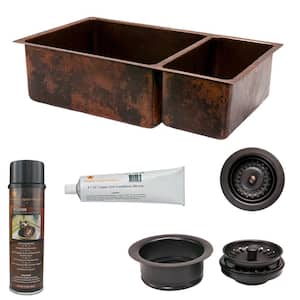 Undermount Hammered Copper 33 in. 0-Hole Double Bowl Kitchen Sink and Drain in Oil Rubbed Bronze