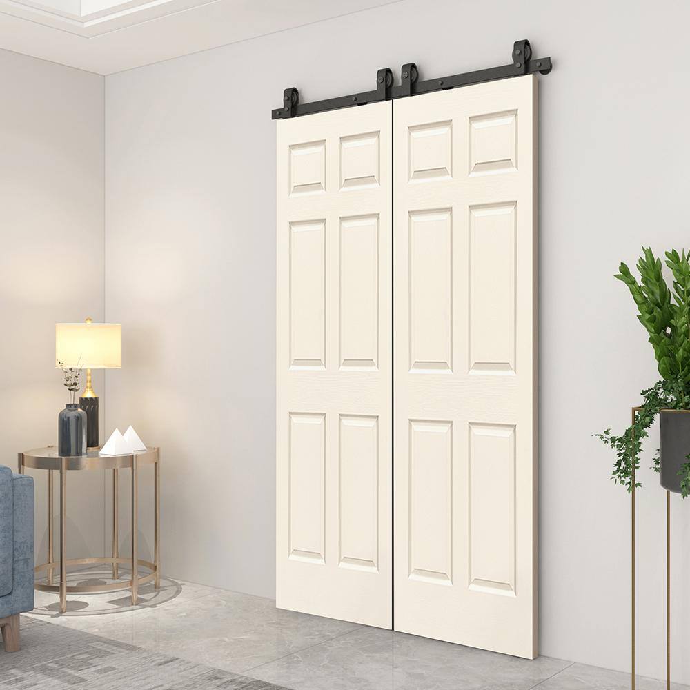 60-in x 84-in Beige MDF Double Bifold Barn Door with Black Hardware
