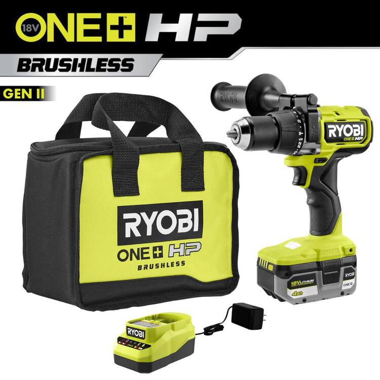 RYOBI ONE+ HP 18V Brushless Cordless 1/2 in. Hammer Drill Kit 4.0 Ah HIGH PERFORMANCE Battery, Charger, and Bag