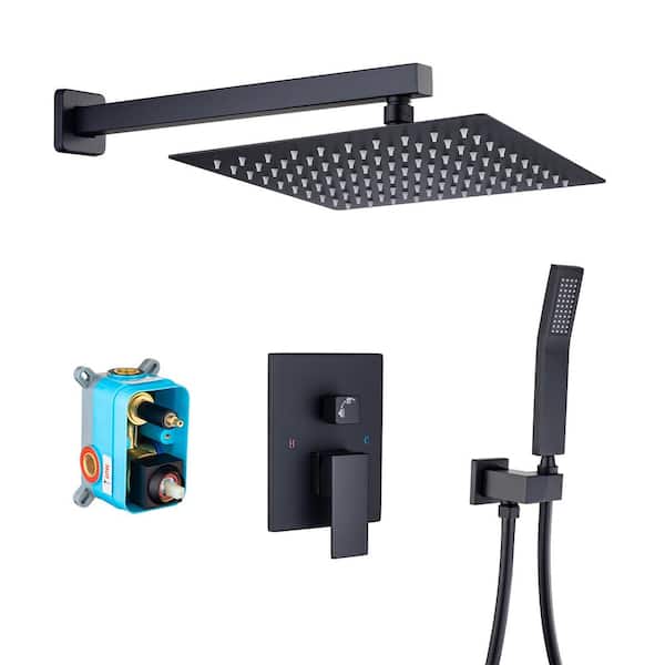 Tahanbath Single-Handle Rainfall 10 in. Square Shower Head Combo Set with High Pressure Wall Mounted in Matte Black