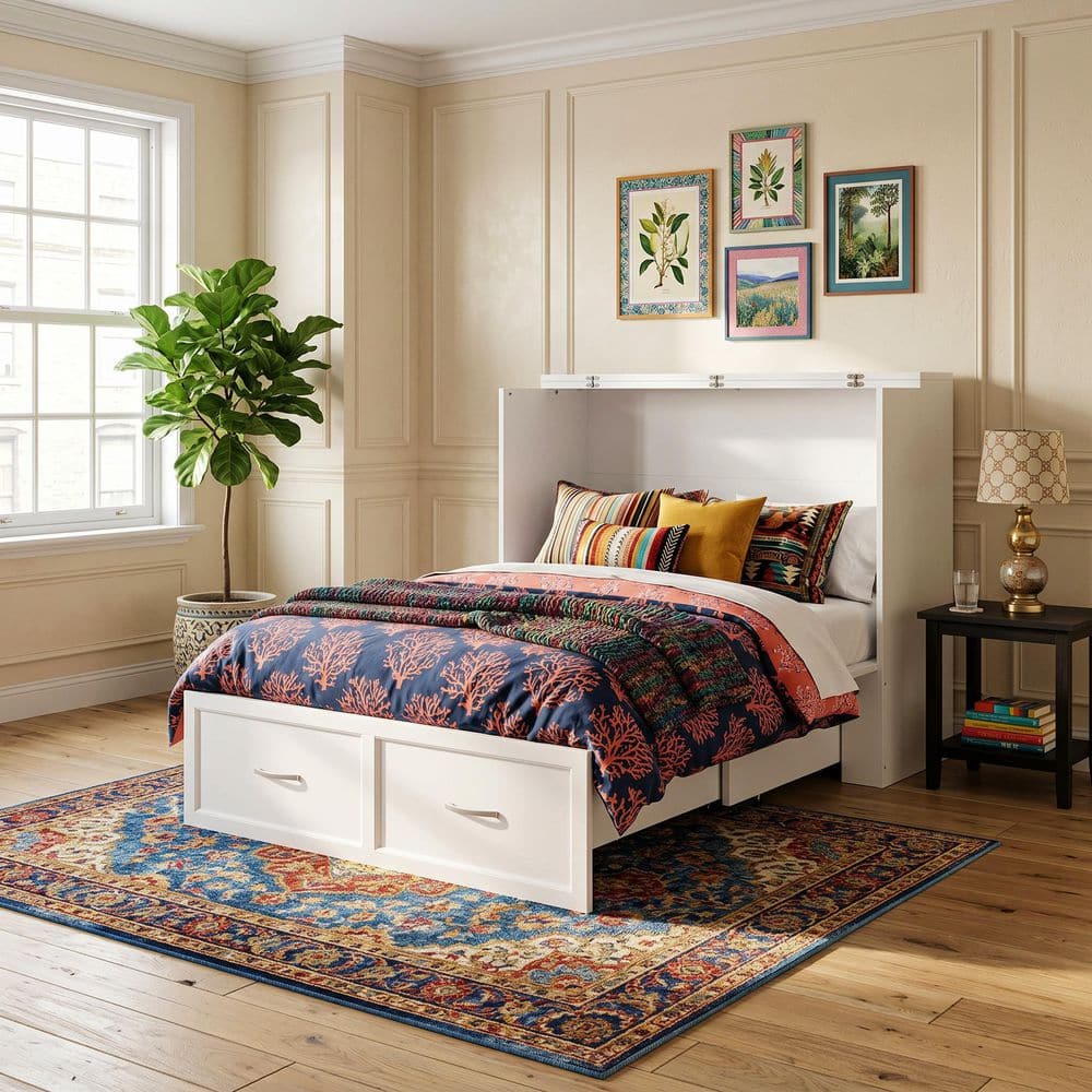 FUFU&GAGA White Wood Frame Twin Size Bed Murphy Bed, Chest Cabinet 