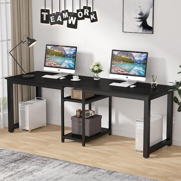 Cassey 78.7 in. Retangular Black Wood and Metal Computer Desk Double D