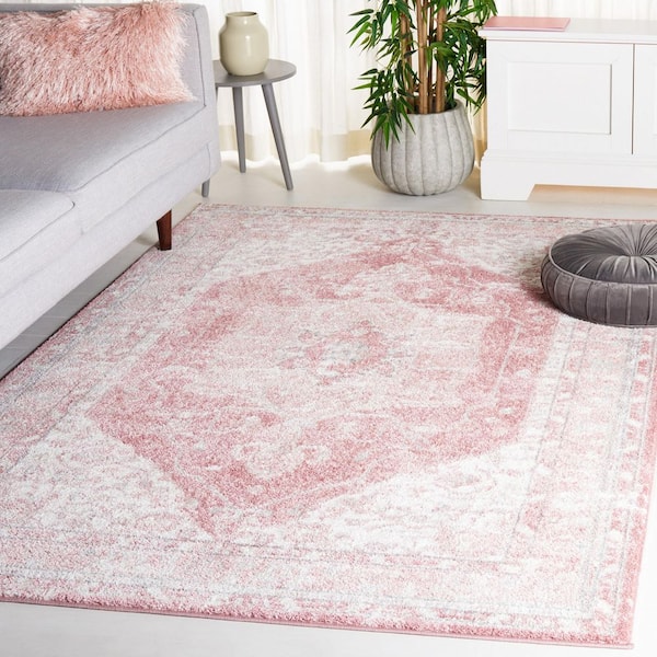 Layla 5 ft. x 5 ft. Ivory Gray/Pink Border Ornate Square Area Rug