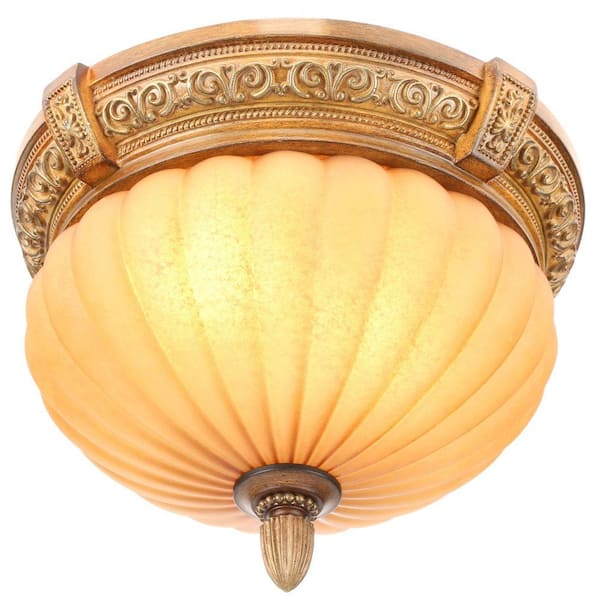 Hampton Bay Chateau Deville 14 in. 2-Light Walnut Flush Mount with Champagne Glass Shade