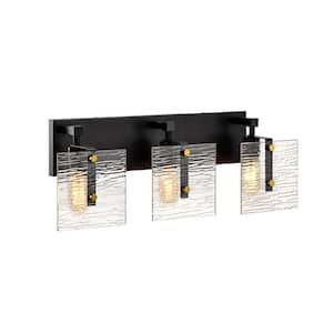 24 in. 3-Light Black and Antique Gold Vanity Light with Verre Strie Glass