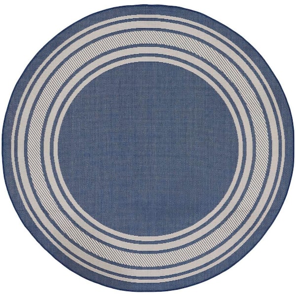 Horizon Indoor/Outdoor Navy 8 ft. Round Bordered Contemporary Round Area Rug
