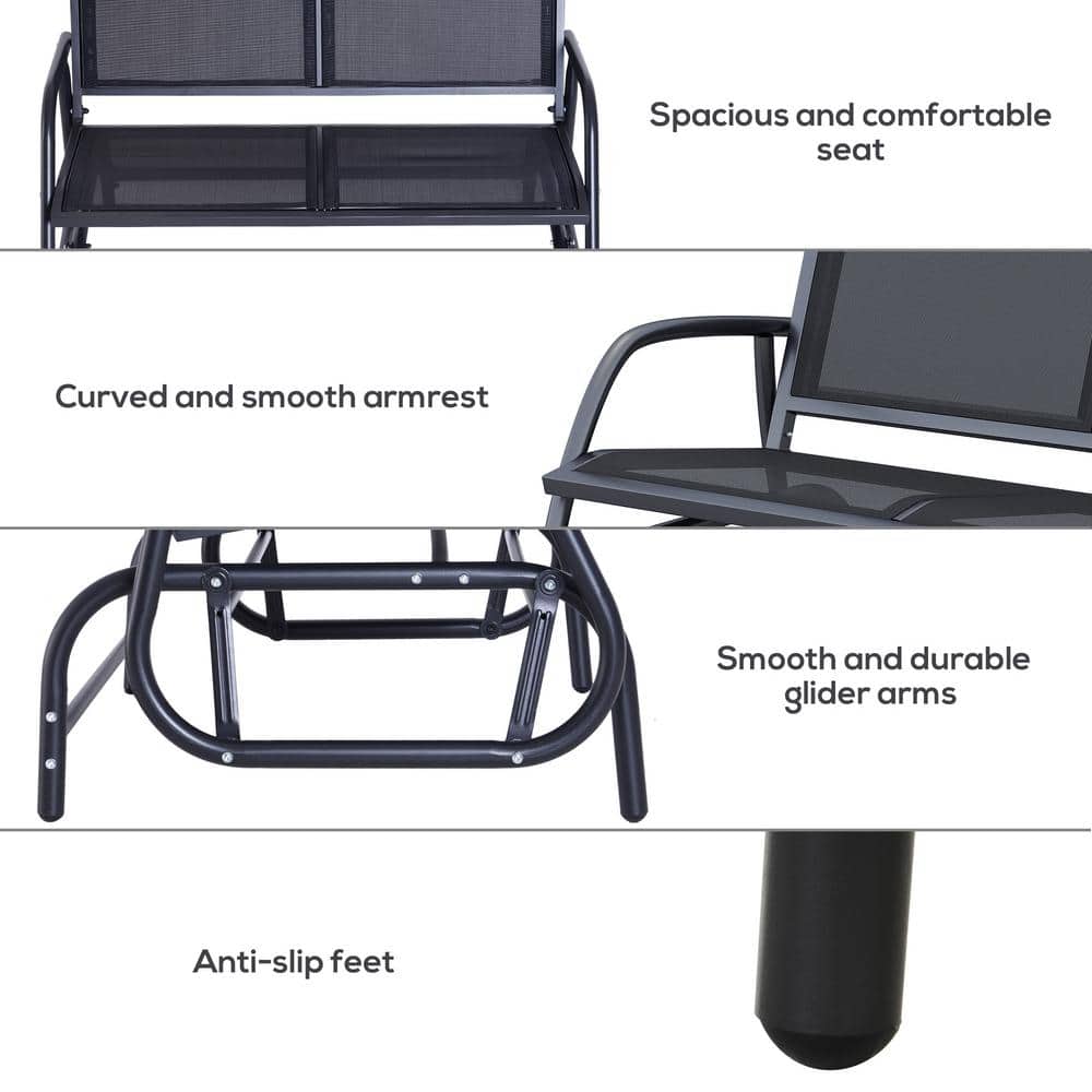 Black Steel Outdoor Glider Bench with Ergonomic Backrest