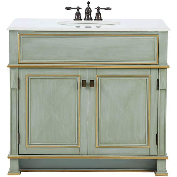 Home Decorators Collection Dinsmore 38 in. W Vanity in Gilded Green with Marble Vanity Top in White with White Sink
