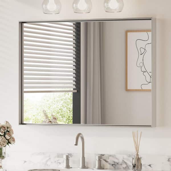 KeonJinn 40 in. W x 30 in. H Framed Brushed Silver Mirrors for Bathroom Wall Square Corner Bathroom Vanity Mirror Over Sink