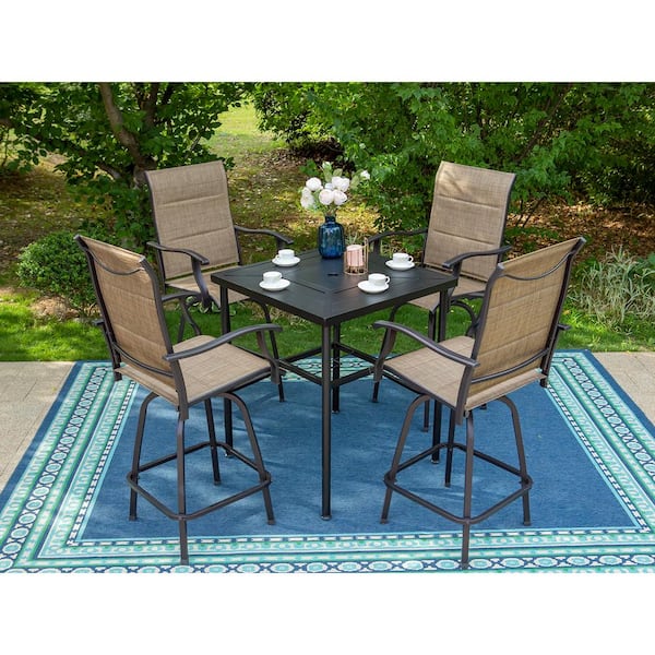 PHI VILLA Black 5-Piece Metal Square Outdoor Patio Bar Set with Bar Table and Padded Swivel Bistro Chairs