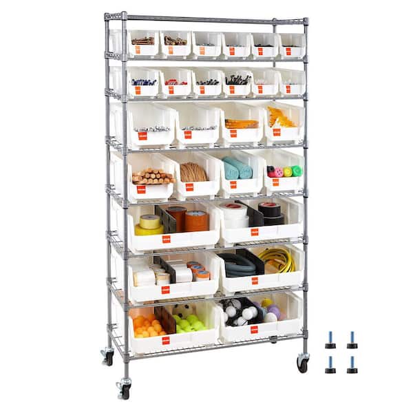 8-Tier Rolling Bin Storage Rack, 26 Organizer Bins, Bin Rack Storage Steel Wire Shelving System, Mobile Tool Organizer