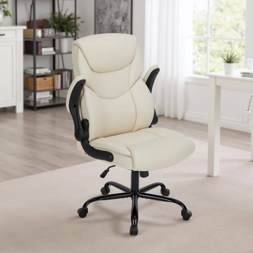 Ergonomic PU Leather Seat High Back Heavy Duty Office Executive Chair in Cream with Flip-up Arms
