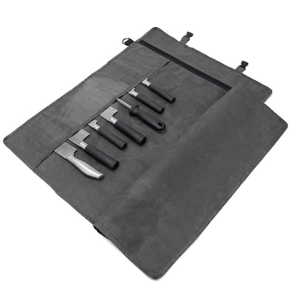 Grey Waxed Canvas Knife Cultery Carrier, Portable Chef Knife Cases, Knife Pouch Holders, 10 Slots Plus 1 Zipper Pockets