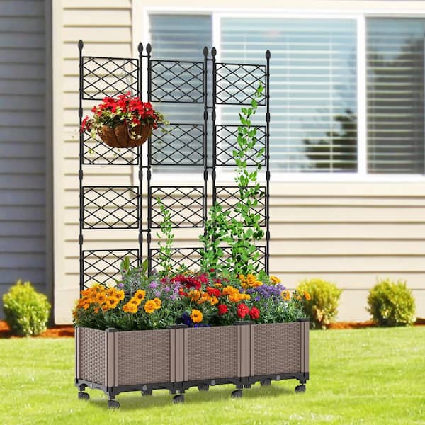Raised Garden Bed 3-Pk Metal Planter Box w/Trellis & Wheel 47 in. L x 16 in. W x 73 in. H Self Watering Support Trellis