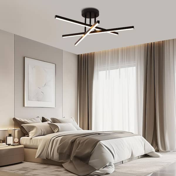 3-Light Black LED Modern Semi-Flush Mount Ceiling Light, 3000 K Sputnik Chandelier for Kitchen, Bedroom