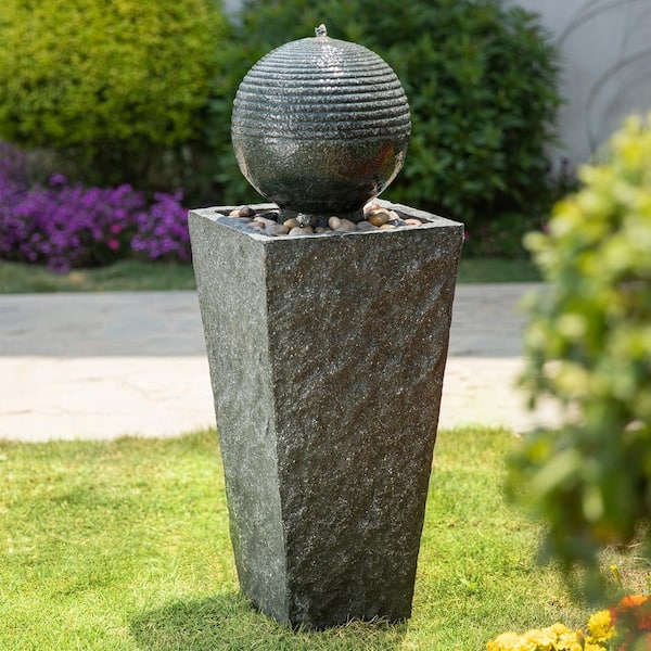 Glitzhome 31.69 in. H Outdoor Polyresin Rippling Floating Sphere Pedestal Floor Fountain