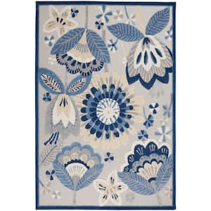 Aloha Blue/Gray 6 ft. x 9 ft. Floral Contemporary Indoor/Outdoor Patio Area Rug